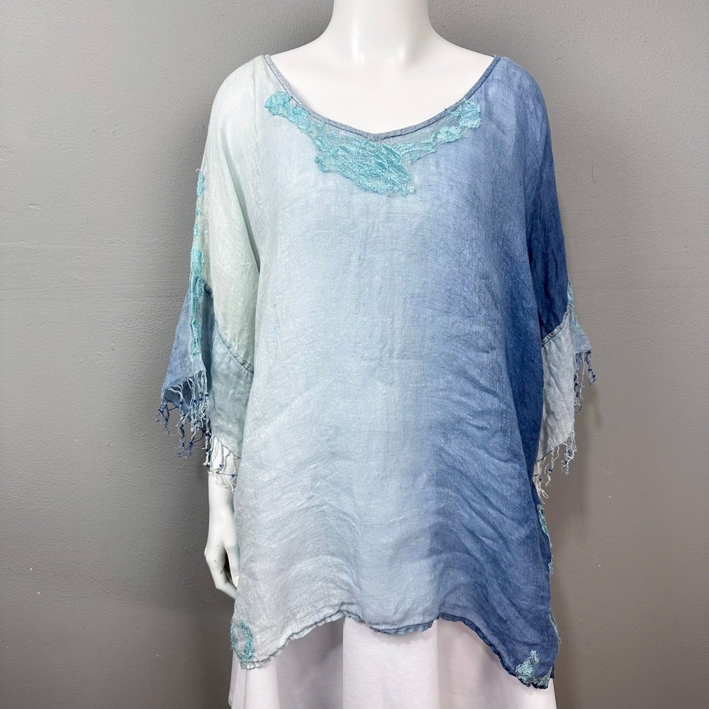 Chico's Linen Poncho Top Women Sz L 2 Blue Ombre Lace Coastal Beachy Art to Wear